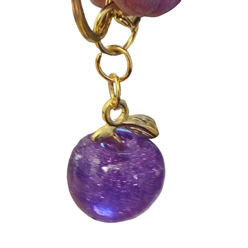 Purple Glitter Resin Apple Charm Gold Tone Leaf Fruit Pendant Accessory